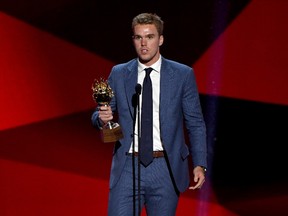 Connor McDavid of the Edmonton Oilers speaks after winning the Hart Memorial Trophy during the NHL Awards and Expansion Draft at T-Mobile Arena on June 21, 2017. (Ethan Miller/Getty Images)
