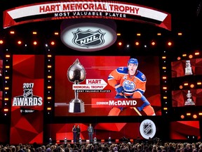 Connor McDavid of the Edmonton Oilers speaks after winning the Hart Memorial Trophy (Most Valuable Player to His Team) during the 2017 NHL Awards and Expansion Draft at T-Mobile Arena on June 21, 2017 in Las Vegas, Nevada.