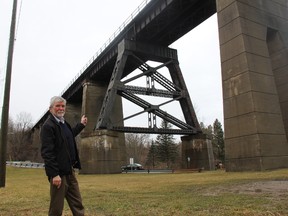 Measuring 275 metres long and 27 metres high at its tallest point, the St. Thomas railway bridge carried as many as 50 trains a day before it was decommissioned. The bridge will open in August as an elevated park. (Postmedia Network file photo)