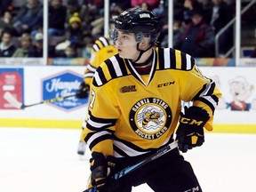 Sarnia Sting centre Drake Rymsha plays against the Owen Sound Attack at Progressive Auto Sales Arena in Sarnia, Ont., on Sunday, March 12, 2017. (MARK MALONE/Postmedia Network)