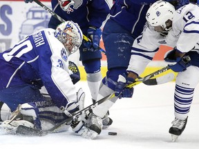 Sudbury Wolves goalie Jake McGrath makes a save during OHL action against the Mississauga Steelheads  in Sudbury, Ont. on Sunday, January 15, 2017. The Sudbury Wolves won in a shootout.Gino Donato/Sudbury Star/Postmedia Network