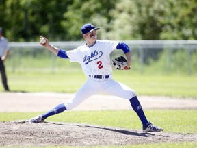 Dawson Kokesch, of the Northern Lights Midget AAA Baseball Academy, delivers a pitch against the Red Deer Braves on Saturday June 10 at Evergreen Park, south of Grande Prairie. Logan Clow/Daily Herald-Tribune staff
