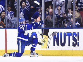 Toronto Maple Leafs centre Auston Matthews celebrates his goal against the Washington Capitals during Game 6 on April 17, 2017. (THE CANADIAN PRESS/Nathan Denette)