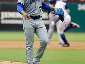 Toronto Blue Jays' Marcus Stroman waits for a new ball as Texas Rangers' Carlos Gomez rounds the bases on his three-run home run in the third inning of a baseball game on June 22, 2017. (AP Photo/Tony Gutierrez)