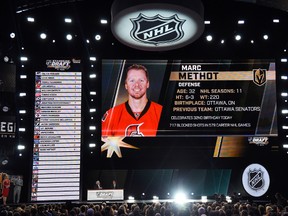 Marc Methot is selected by the Las Vegas Golden Knights during the Expansion Draft at T-Mobile Arena on June 21, 2017 in Las Vegas. (Ethan Miller/Getty Images)