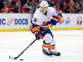 New York Islanders right wing Ryan Strome (18) skates with the puck in the first period of an NHL hockey game against the Detroit Red Wings in Detroit. The Edmonton Oilers traded forward Jordan Eberle to the Islanders on Thursday, June 22, 2017,  in exchange for Strome.