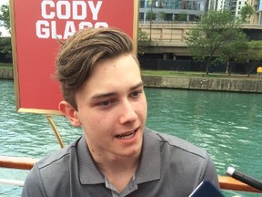 NHL prospect Cody Glass talks to reporters during a Chicago River boat cruise on Thursday. (Ted Wyman/Winnipeg Sun/Postmedia Network)