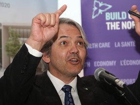 Stephane Gauthier, co-chair of Place des Arts, makes a point at a funding announcement for Place des Arts in Sudbury, Ont. on Thursday June 22, 2017. John Lappa/Sudbury Star/Postmedia Network