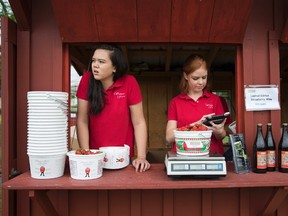 In this Tuesday, May 23, 2017, photo, Hannah Waring, left, a student at Loudoun Valley High School, and Abby McDonough, a student at Liberty University, work in the strawberry stand at Wegmeyer Farms in Hamilton, Va. Waring and McDonough are working at Wegmeyer Farms for the summer. Summer jobs are vanishing as U.S. teens spend more time in school and face competition from older workers. (AP Photo/Carolyn Kaster)