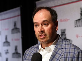 Ottawa Senators GM Pierre Dorion is interviewed during media availability on June 20, 2017 in Las Vegas. (Bruce Bennett/Getty Images)