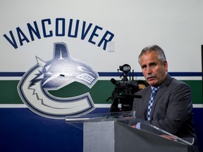 Vancouver Canucks head coach Willie Desjardins addresses the media after losing 3-2 to the Edmonton Oilers in NHL action on April 8, 2017. (Rich Lam/Getty Images)