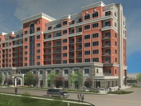 Even a city politician who thinks this proposed eight-storey, 82-unit  seniors? building on Base Line Road is too big thinks it will win council approval Monday. (SUBMITTED)