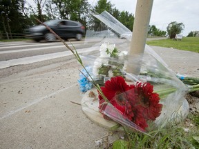 Flowers lay at a pedestrian crosswalk along Suder Greens Drive, in Edmonton Sunday June 18, 2017. A 57-year-old woman and her dog were killed in the crosswalk Saturday Sunday June 17, 2017.
