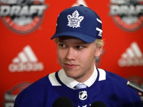 Eemeli Rasanen poses for a portrait after being selected 59th overall by the Toronto Maple Leafs during the 2017 NHL Draft at the United Center on June 24, 2017 in Chicago, Illinois. (Photo by Stacy Revere/Getty Images)