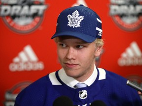 Eemeli Rasanen is interviewed after being selected 59th overall by the Toronto Maple Leafs during the 2017 NHL Draft at the United Center on June 24, 2017 in Chicago, Illinois. (Photo by Jonathan Daniel/Getty Images)