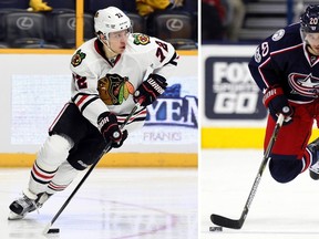 At left, in an Oct. 14, 2016, file photo, Chicago Blackhawks left wing Artemi Panarin (72), of Russia, plays against the Nashville Predators during the second period of an NHL hockey game, in Nashville, Tenn. At right, in a Jan. 17, 2017, file photo, Columbus Blue Jackets forward Brandon Saad works against the Carolina Hurricanes during an NHL hockey game in Columbus, Ohio. The Blackhawks have re-acquired forward Brandon Saad in a trade with the Columbus Blue Jackets, parting with top young forward Artemi Panarin to complete the blockbuster deal.(AP Photo/File)