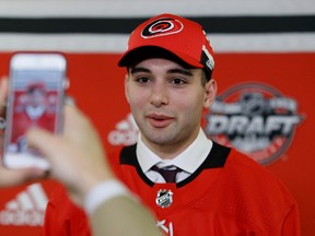 Stelio Mattheos is interviewed after being selected 73rd overall by the Carolina Hurricanes during the 2017 NHL Draft at the United Center on June 24, 2017 in Chicago, Illinois. (Photo by Jonathan Daniel/Getty Images)