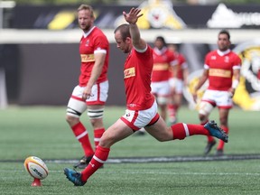 Canada’s Shane O’Leary converts a try during yesterday’s 28-28 rugby tie with the U.S. The Canadian Press