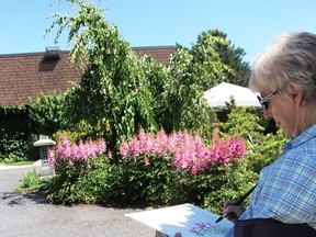 Artist Janet Morris paints the scene in the Japanese meditation garden at the entrance to Germain Park Saturday. She was one of eight artists painting in the Communities in Bloom Artists in the Garden Tour. Tyler Kula/Sarnia Observer/Postmedia Network