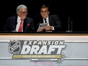 Majority owner Bill Foley and general manager George McPhee of the Vegas Golden Knights announce their picks during the 2017 NHL Awards and Expansion Draft at T-Mobile Arena on June 21, 2017 in Las Vegas, Nevada. (Photo by Ethan Miller/Getty Images)
