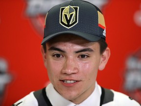 Nick Suzuki is interviewed after being selected 13th overall by the Vegas Golden Knights during the 2017 NHL Draft at the United Center on June 23, 2017 in Chicago, Illinois. (Photo by Jonathan Daniel/Getty Images)