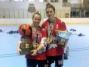 Hokey Langan, left, of Chatham and Rachael Tricker of Thamesville won gold with Team Canada at the 2017 World Ball Hockey Federation women's championship. (Contributed Photo)
