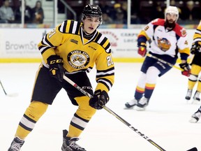 Sarnia Sting's Adam Ruzicka (21) plays against the Erie Otters in the first period at Progressive Auto Sales Arena in Sarnia, Ont., on Saturday, March 25, 2017. (MARK MALONE/The Daily News)