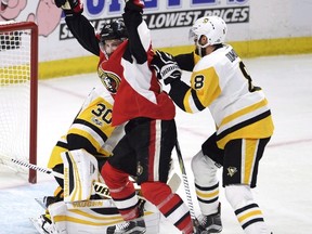 Ottawa Senators centre Tom Pyatt celebrates his goal on Pittsburgh Penguins goalie Matt Murray during Game 4 of the Eastern Conference Final in Ottawa on May 19, 2017. (THE CANADIAN PRESS/Adrian Wyld)