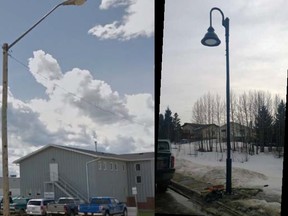Left: The current street lights that Fortis said the Town needs to replace. 
Right: A decorative light they could be replaced with in the next couple years (Twitter).