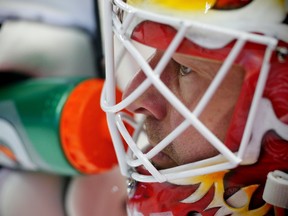 Calgary Flames goalie Brian Elliott during the pre-game skate before facing the L.A. Kings in Calgary on Feb. 28, 2017. (AL CHAREST/POSTMEDIA)