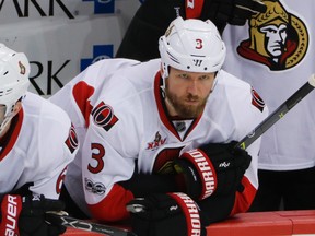 This May 15, 2017 file photo shows Ottawa Senators' Marc Methot watching from the bench during Game 2 of the Eastern Conference final against the Pittsburgh Penguins in Pittsburgh. (AP Photo/Gene J.Puskar)
