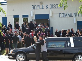 Mourners leave the celebration of life for Tim Hague, the boxer that died after a fight, was held at the Boyle Community Centre, June 26, 2017. Ed Kaiser/Postmedia