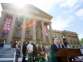 Les Hagen, Executive Director of Action on Smoking and Health, and members of The Campaign for a Smoke-Free Alberta speak to members of the media as they urge the Alberta Government to take further measures to protect youth from tobacco, on the steps of the Alberta Legislature in Edmonton Monday June 26, 2017. David Bloom/Postmedia