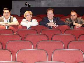 Sudbury MP Paul Lefebvre, Theatre Cambrian executive director Dennis Cropper, and  Sudbury Downtown Independent Cinema Co-operative members Beth Mairs and Derek Young welcome a funding announcement in this file photo. (Gino Donato/Sudbury Star)