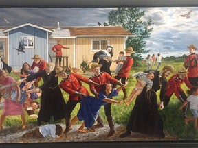Cree artist Kent Monkman’s acrylic painting The Scream (2017) highlights Indigenous children being hauled away to Residential schools by Catholic priests under the supervision of RCMP officers. It's one of the works on display in the Many Voices: Indigenous Art special exhibit at the Bellevue House. Opened for Canada 150, the exhibit highlights the different perspectives and voices throughout Canadian history. (Joe Cattana/For The/Whig-Standard)
