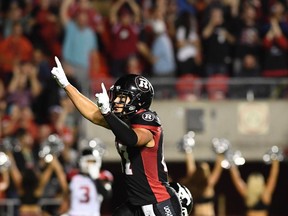 Ottawa Redblacks' Joshua Stangby celebrates a touchdown during second half CFL action against the Calgary Stampeders in Ottawa on June 23, 2017. (THE CANADIAN PRESS/Justin Tang)