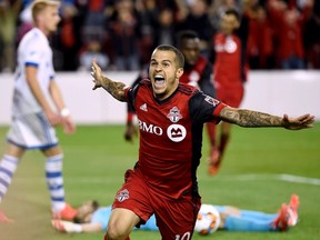 Toronto FC forward Sebastian Giovinco celebrates his game-winning goal in second-half Canadian Championship soccer action against the Montreal Impact in Toronto on June 27, 2017. (THE CANADIAN PRESS/Nathan Denette)