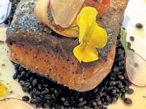 Seared coho salmon, black barley, maple mustard beurre blanc