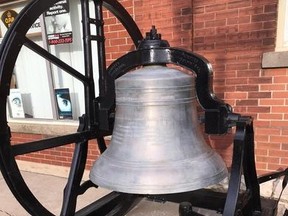 From a previous prevision related to the construction of the Town Hall roof in Seaforth, the municipality of Huron East agreed to remove the ancient fire bell at the top of the building.  It is currently placed in the front of Town Hall permanently for display.