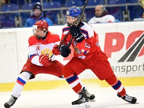 Czech Republic defenceman Zack Malik (3) competes against team Russia in under-17 hockey action this past season. The Sudbury Wolves drafted Malik, son of former NHLer Marek Malik, with the 19th overall selection in the 2017 CHL Import Draft. Czech Ice Hockey Federation photo