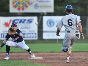 On his way to second base, Chris McQueen of the London Majors is tagged out by Conner Morro of the Barrie Baycats during Intercounty Baseball League action at Coates Stadium. (MARK WANZEL photo)