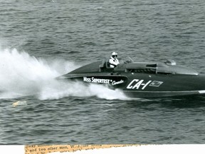 Miss Supertest II crosses the finish line to take the second heat of the Harmsworth Race in Detroit, 1956.