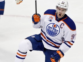 Edmonton Oilers centre Connor McDavid celebrates after scoring against the Anaheim Ducks during Game 5 of a second-round NHL playoff series in Anaheim on May 5, 2017. (AP Photo/Chris Carlson)