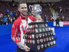 Newfoundland and Labrador skip Brad Gushue holds the Brier Tankard after defeating Team Canada to win the Tim Hortons Brier curling championship at Mile One Centre in St. John's on March 12, 2017. (THE CANADIAN PRESS/Andrew Vaughan)