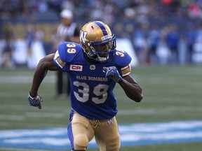 Winnipeg Blue Bombers defensive back Brandon Alexander drops back in coverage during CFL exhibition action against the Edmonton Eskimos on June 15, 2017. (Kevin King/Winnipeg Sun/Postmedia Network)