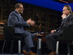 In this June 9 file photo released by HBO, host Bill Maher, right, appears with professor and author Michael Eric Dyson during a broadcast of Real Time with Bill Maher in Los Angeles. Many African-Americans expressed disappointment on June 2 when Maher uttered the N-word on his late-night cable television show. (Janet Van Ham/HBO via AP)