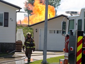 Construction work on Stony Plain's Boundary Road project struck a gas line near Jutland Ridge early this morning, igniting a fireball. The fire has since been put out.