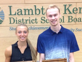 2016-2017 Stefanko Award recipients Marissa Mueller (LCCVI) and Luke Daichendt (Northern Collegiate) accept their awards at the Lambton Kent District School Board office in Sarnia. This is the 10th year for the Stefanko Award. (Handout/Postmedia Network)