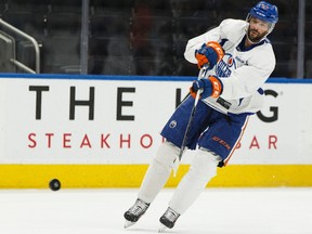 Edmonton Oilers' Benoit Pouliot fires a shot during practice at Rogers Place in Edmonton on Tuesday, May 2, 2017. The team plays the Anaheim Ducks in Game 4 of the Stanley Cup playoffs Western Conference semifinal.