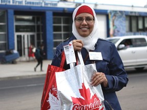 Afshan Fatima, outreach coordinator with the Islamic Circle of North America (ICNA) Sisters of Edmonton, drops off gift bags as part of the ICNA Sisters' Uplift 150 for Canada 150 project at Boyle Street Community Services at 10116 105 Ave. in Edmonton, Alta., on Thursday, June 29, 2017.